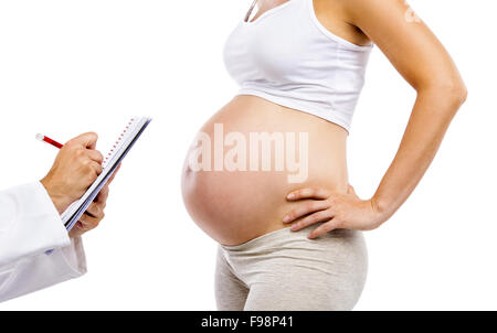 Irriconoscibile donna incinta essendo dato prenatale a controllare dal medico, isolato su sfondo bianco Foto Stock