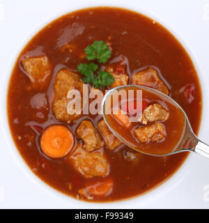 Mangiare sano zuppa di gulasch pasto a base di carne e la paprica in coppa sul cucchiaio da sopra Foto Stock