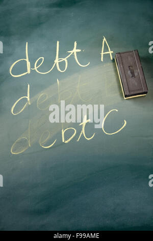 Il debito di parola scritta in gesso su una lavagna sfregata fuori da una gomma Foto Stock