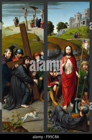 Gerard David - il Cristo che porta la croce e con la Crocifissione e La Resurrezione, con i pellegrini di Emmaus Foto Stock