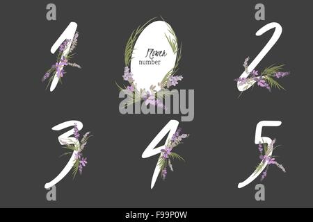 Fiori di lavanda numeri di raccolta nel colore vintage. Uno, due, tre, quattro, cinque - segni vettore Illustrazione Vettoriale