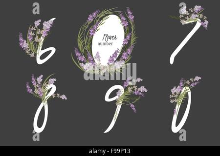 Fiori di lavanda numeri di raccolta nel colore vintage. Sei, sette, otto, nove, zero- segni vettore Illustrazione Vettoriale