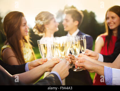 Gli ospiti dei matrimoni bicchieri tintinnanti mentre agli sposi novelli abbracciando in background Foto Stock