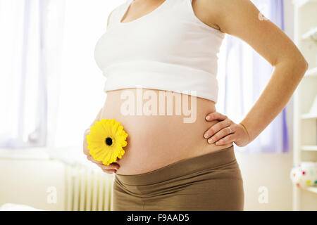 Close-up di un irriconoscibile donna incinta fiore di contenimento nella parte anteriore del suo ventre Foto Stock