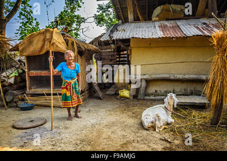 Molto vecchio nepalesi per la donna e la sua capra nel cortile della sua casa Foto Stock