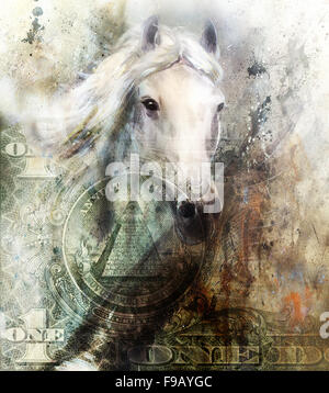 Un dollaro collage con donna indiana guerriero e Wolf, ornamento dello sfondo. Foto Stock