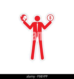 Adesivo elegante su carta uomo holding globe e moneta Illustrazione Vettoriale