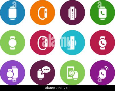 Appartamento moderne smart watch icone cerchio su sfondo bianco. Illustrazione Vettoriale