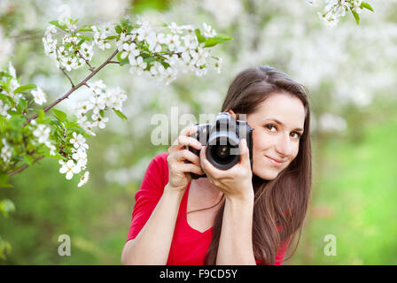 Fotografo donna è di scattare le foto nel parco verde Foto Stock