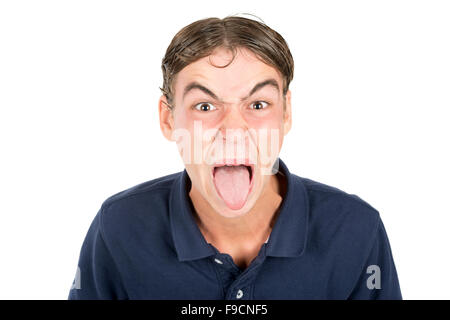 Adolescente nerd ragazzo che si affaccia isolata in bianco Foto Stock