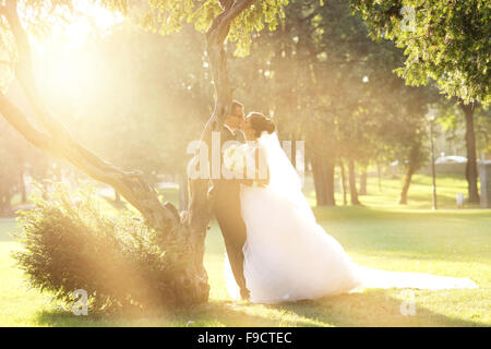 Sposa e lo Sposo che circonda da naturale golden luce solare Foto Stock