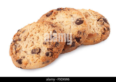 Tre gocce di cioccolato cookies isolati su sfondo bianco Foto Stock