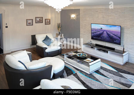 Il soggiorno di un hotel rimodernato di recente casa con due-tono di pelle divani e grandi, montati a parete di TV a schermo piatto Foto Stock
