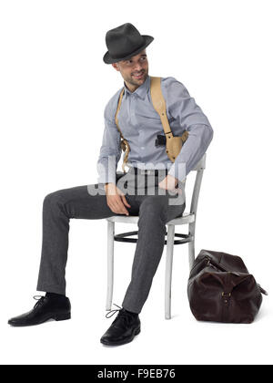 Imprenditore dopo la rapina in banca ritratto isolato su sfondo bianco. Banca di credito alternativa, concetto Foto Stock