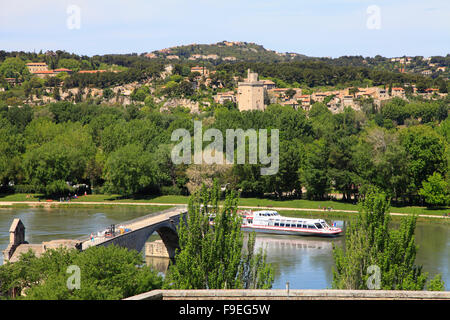 Francia, Provence, Avignone, Rhone river, nave, Villeneuve lez Avignon, skyline, Foto Stock