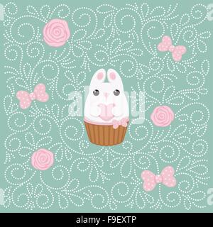 Scheda vettore con il coniglietto bianco con il cuore, torta, Rosa Rose e pois archi. Abstract flat design vintage. Illustrazione Vettoriale