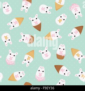 Vector seamless pattern con il coniglietto bianco con il cuore e con la stella, gelati, torte e tazze di tè. Abstract flat design vintage. Illustrazione Vettoriale