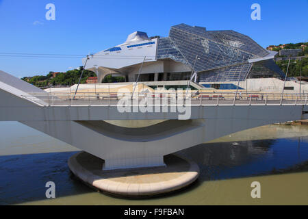 Francia Rhône-Alpes Lione Musée des Confluences Raymond Barre ponte sul fiume Rodano Foto Stock