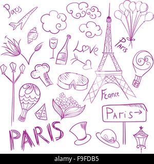 Collezione di arte di linea doodle icona con la francia assotiation e scritte Illustrazione Vettoriale