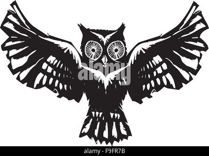 Xilografia flying owl con feathered ali stese. Illustrazione Vettoriale