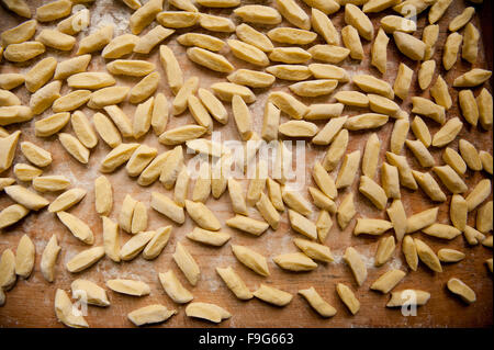 Tagliare materie kopytka cibo astratta, tipo di gnocchetti di patate polacco cibi tradizionali pezzi giacenti su bakeboard fatta in casa prodotto... Foto Stock