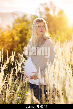 Ritratto di bella donna incinta in un campo Foto Stock