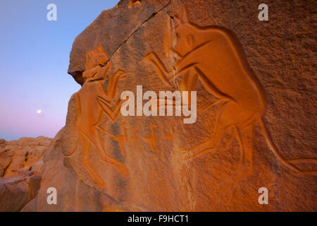 Arte rupestre al calare della luna a Wadi Methkandoush, Libia , deserto del Sahara , combattendo le figure fino a 10.000 anni, Fauna selvatica periodo così Foto Stock