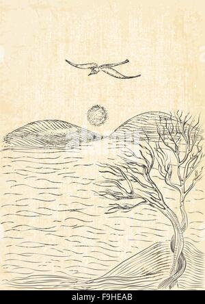 Paesaggio con albero in una zona collinare litorale e flying seagull. Monocromatico inchiostro freehand bozzetto in arte doodle style Illustrazione Vettoriale