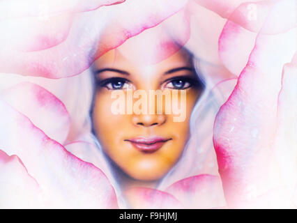 La bella pittura di una giovane donna volto angelico con occhi blu , su un astratto di fiori di rosa, sfondo rosa,il contatto visivo Foto Stock