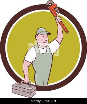 Illustrazione di un idraulico azienda Monkey Wrench sollevata sopra la testa e portante toolbox invece guardando al lato impostato all'interno del cerchio su sfondo isolato fatto in stile cartoon. Illustrazione Vettoriale