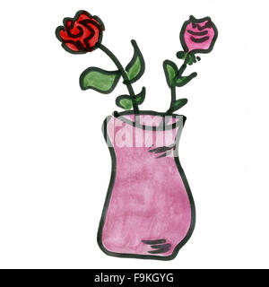 Cartoon Rose in un vaso isolato su sfondo bianco cartoon acquerello Foto Stock