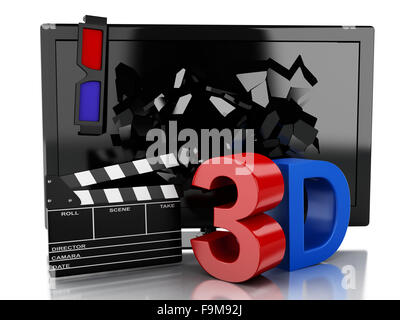 3D renderer illustrazione. 3D TV LED e battaglio board. Concetto di cinematografia. Isolato sfondo bianco Foto Stock