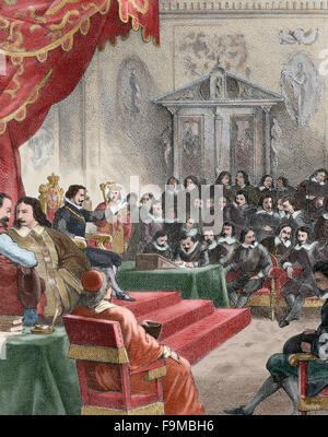 La storia della Spagna. Tribunali castigliano detenute nel 1636 sotto la monarchia di Filippo IV (1605-1665). Incisione in "Historia de España'. Xix secolo. Colorati. Foto Stock