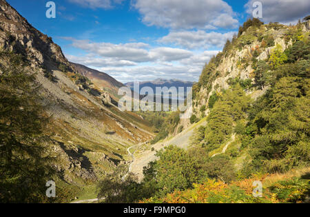Vista verso la rupe del castello di Borrowdale, Lake District, Cumbria, England, Regno Unito Foto Stock