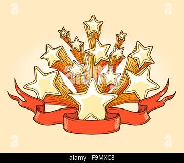 Doodle Stelle con banner rosso. Disegnata a mano illustrazione. Illustrazione Vettoriale
