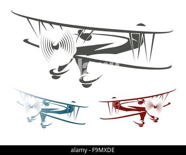 Volo aereo rétro emblema Set. Un biplano in tre varianti di colore. Isolato su bianco. Illustrazione Vettoriale