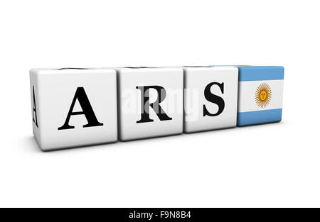 Peso argentino tassi di valuta, scambio di mercato e finanziari il concetto di stock con codice ARS segno e bandiera argentina su cubetti. Foto Stock