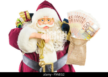 Modello di Babbo Natale con la campana che squilla presenta e denaro euro nella sacca isolata su sfondo bianco Foto Stock