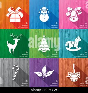 Set di icone e biglietti di auguri su legno backround Illustrazione Vettoriale