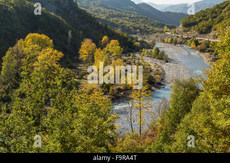 Colore di autunno nella valle Sarantaporos (un affluente del Aoös o Vjosë) nel nord vicino Pindo Kefalochori, Grecia. Foto Stock