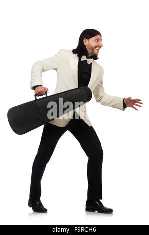 Uomo con violino caso su whtie Foto Stock