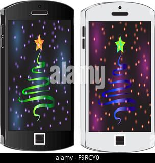 Due moderni cellulare su uno sfondo bianco. Telefono cellulare. Smartphone. Lo schermo è vuoto. Sfondo di Natale sullo smartphone Illustrazione Vettoriale
