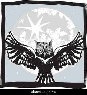 Xilografia flying owl con feathered ali stese davanti a una luna piena. Illustrazione Vettoriale