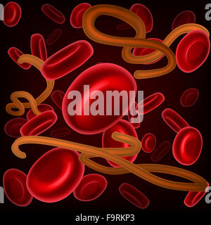 Una illustrazione medica, una vista al microscopio di un virus o di cellule di batteri e germi red cellule del sangue umano Foto Stock