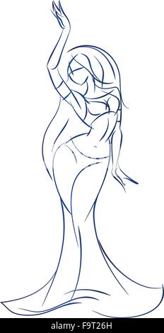 Una danzatrice del ventre figura gesto schizzo disegno della linea. Illustrazione Vettoriale