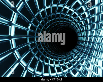 Abstract di nero tunnel digitale interno blu con illuminazione al neon. 3d illustrazione Foto Stock