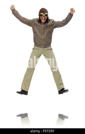 Uomo che indossa occhiali da pilota isolato su bianco Foto Stock