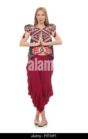 Donna in azerbaigiano ornamento abbigliamento isolato su bianco Foto Stock