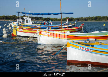 Imbarcazioni di pesca artigianale noto come Barquettes o Pointus davanti all'Isola île du Grand Gaou Six-Fours-les-Plages Provenza Foto Stock