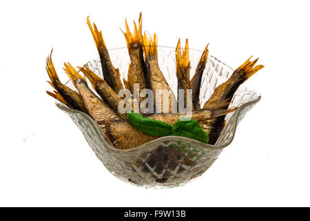 Conserve di spratto con basilico isolato Foto Stock